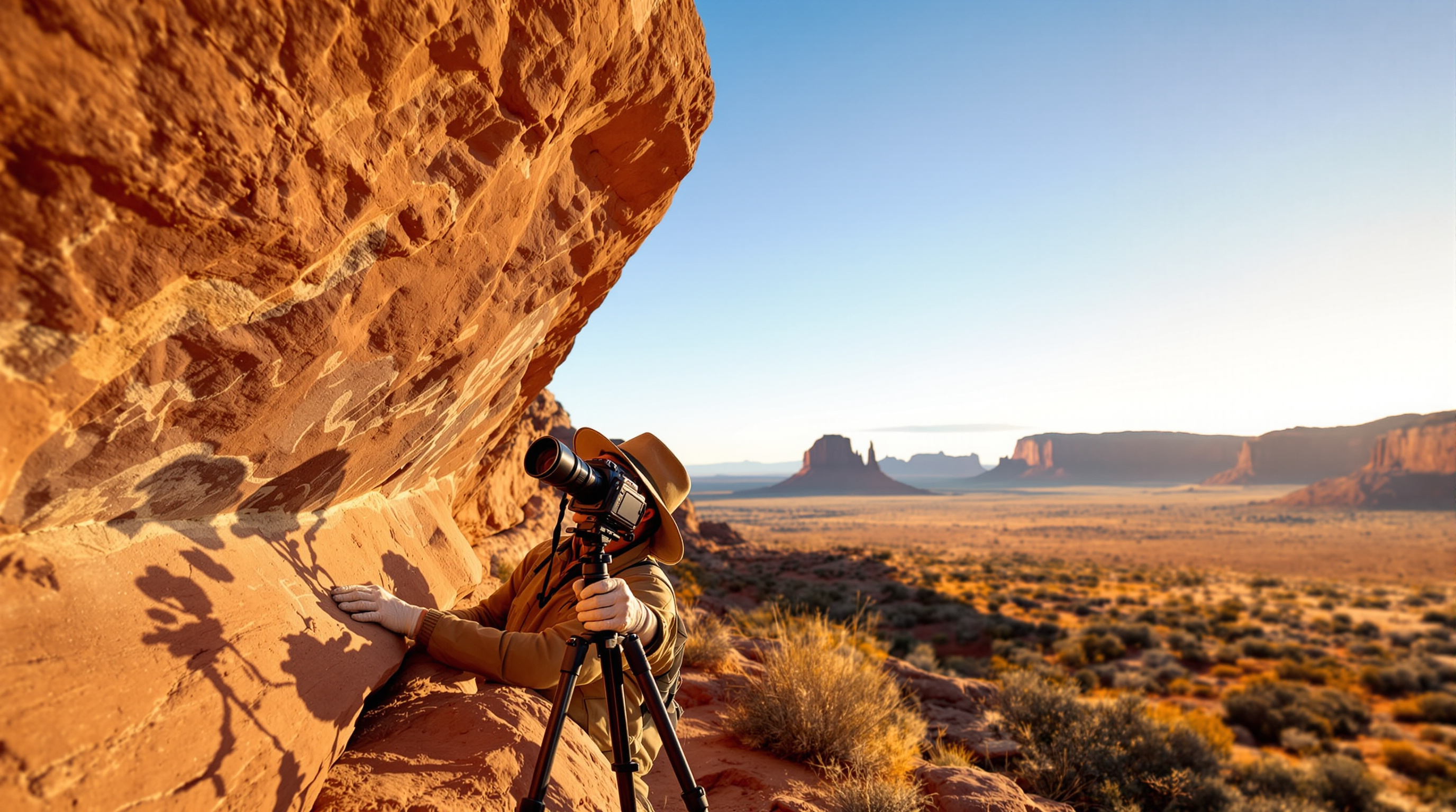 Researcher documenting rock art panel with photography equipment